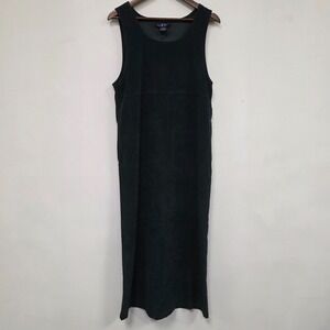 TY 90s Faux Suede Jumper Dress Size M Green Maxi Overall Modest Comfort Pockets